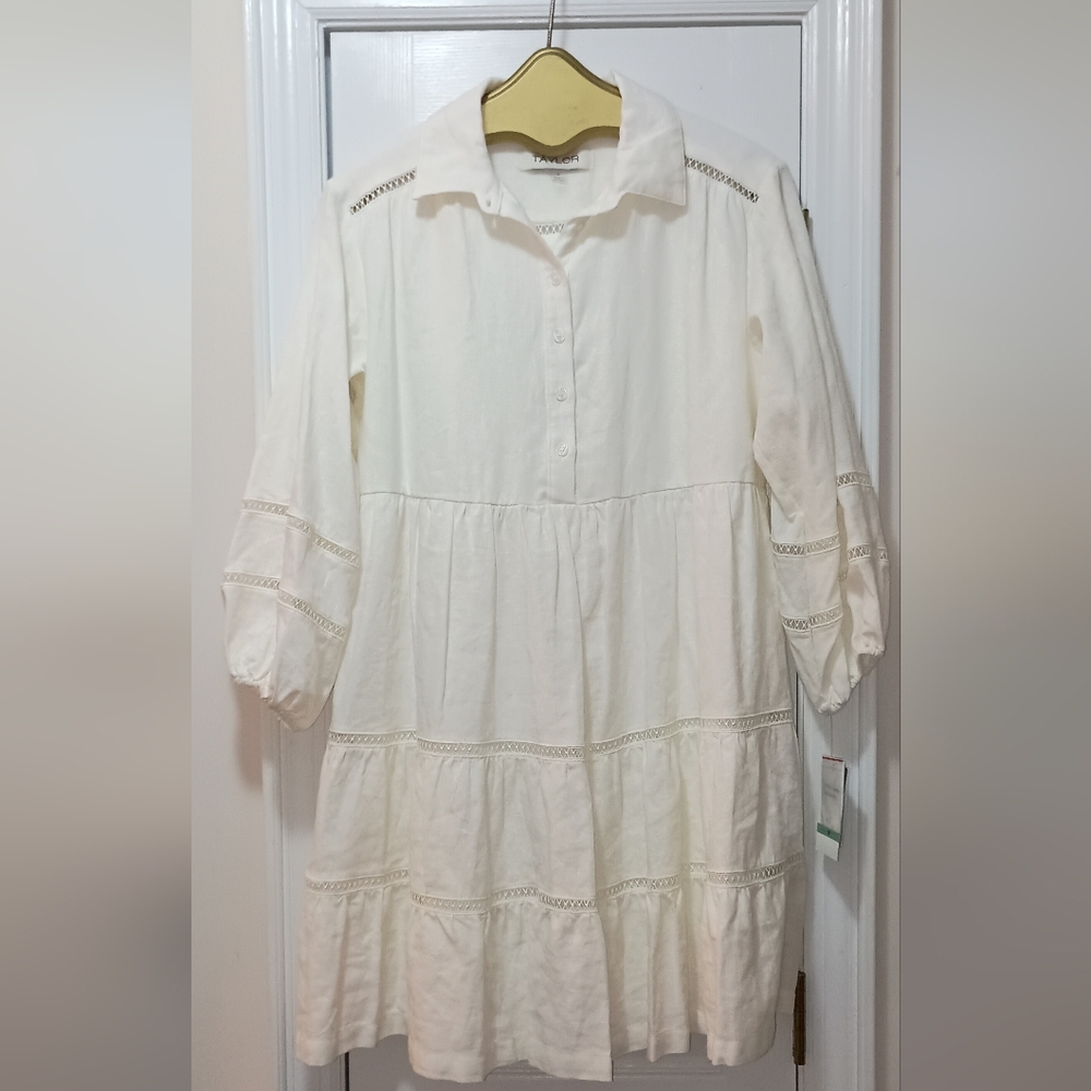 Taylor Tiered Linen Blend Flowy Pullover Dress 8 New With Tags